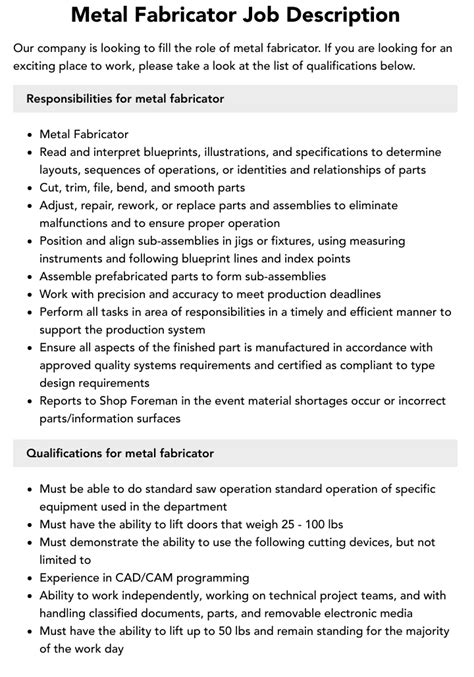 Metal Fabricator Job Description 